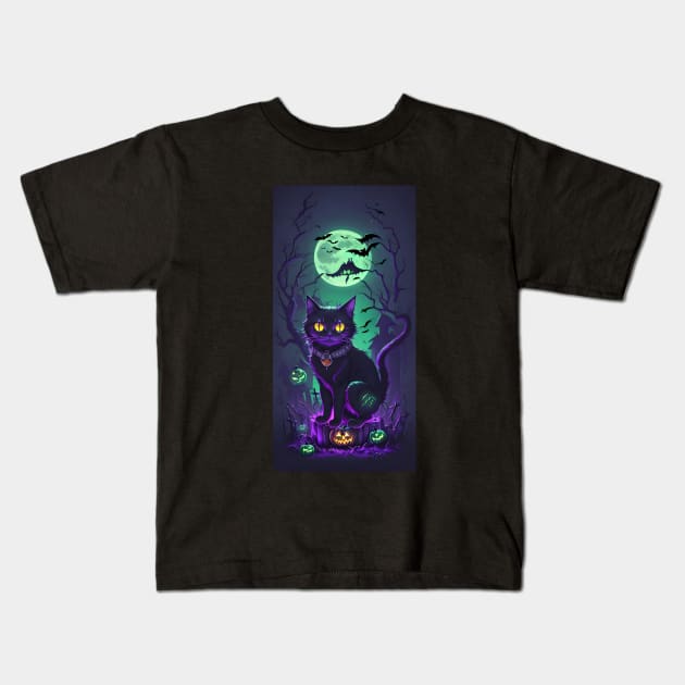 Halloween Pumpkin Cat Kids T-Shirt by Buff Geeks Art